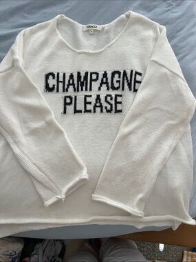 Miracle White Knit Sweater with Black 'CHAMPAGNE PLEASE' Text